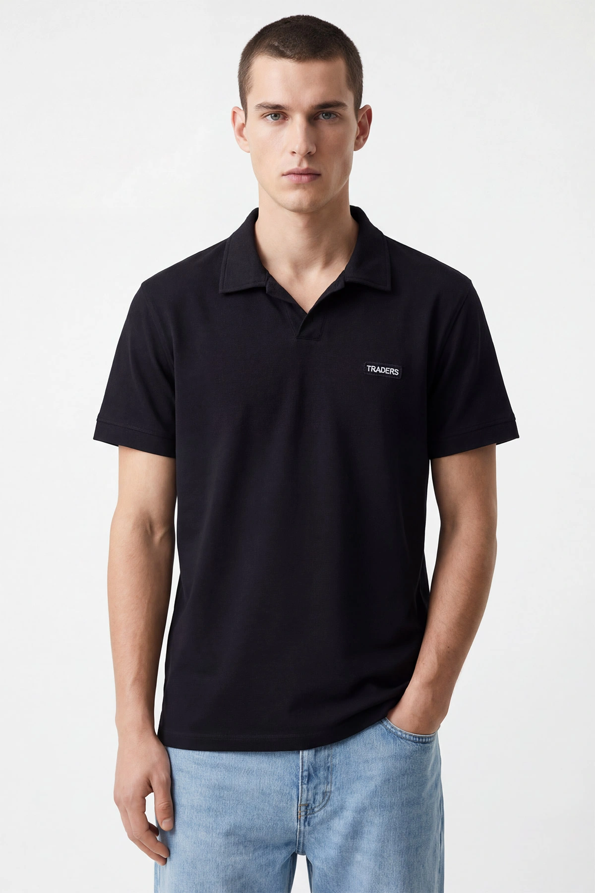 Siyah Polo Yaka Yazı Detay Erkek Tişört 435538