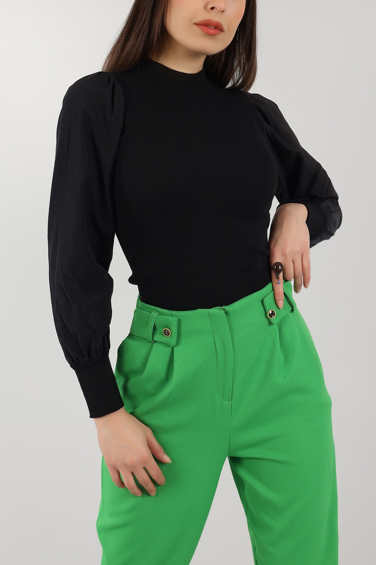 Siyah Poplin Garnili Fitilli Bluz 150489