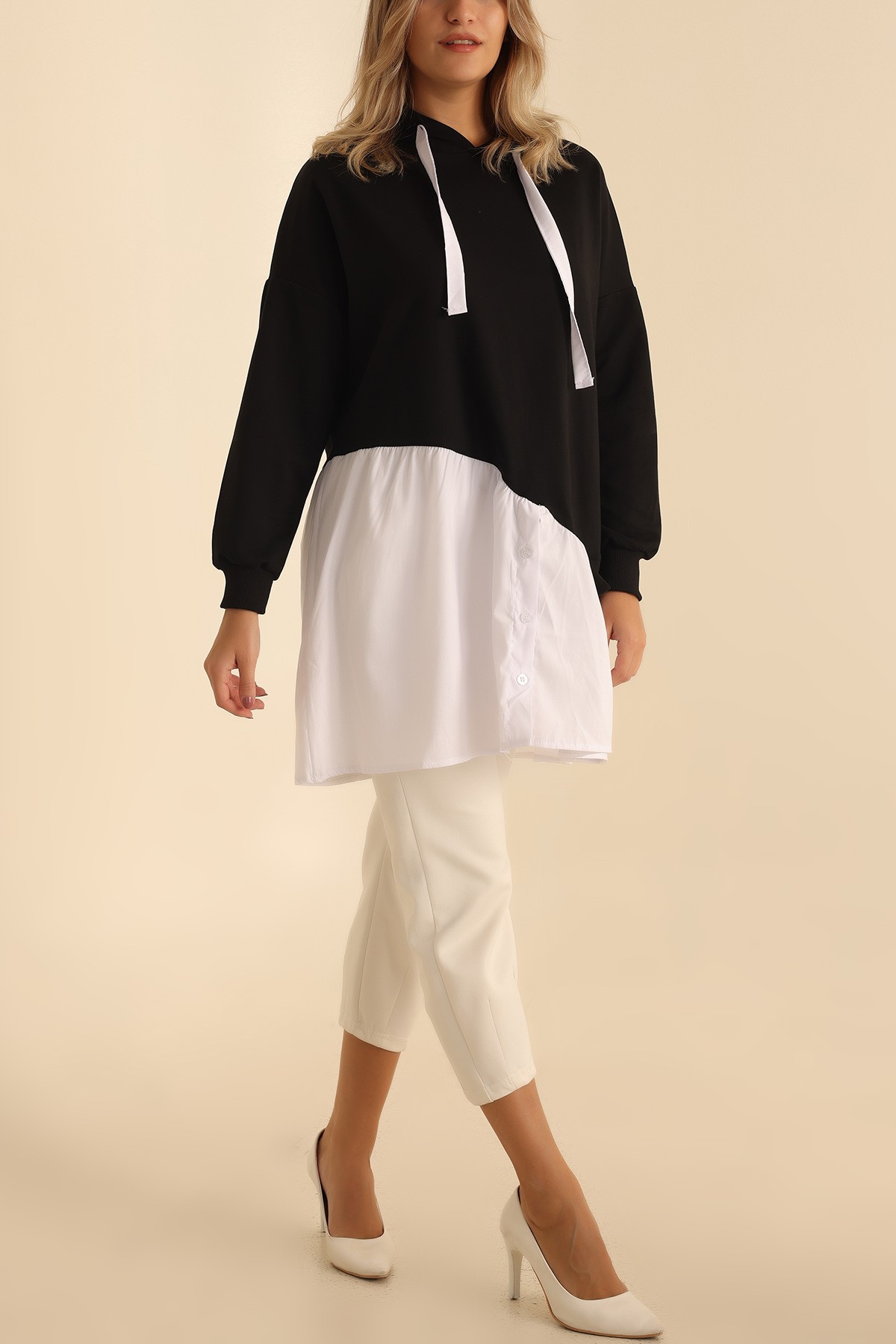 Siyah Poplin Garnili İki İp Sweat Tunik 207851