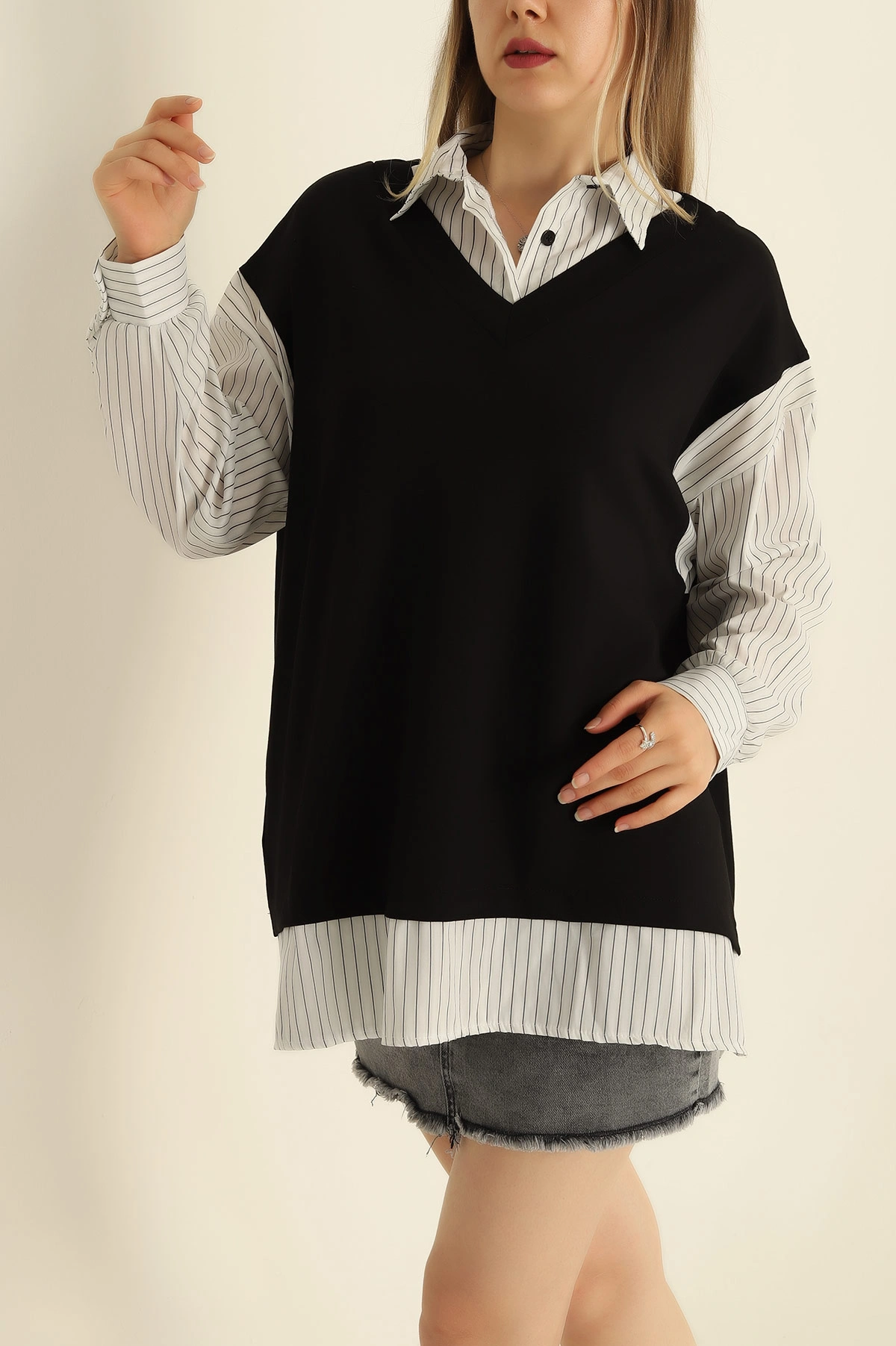 Siyah Poplin Garnili Modal Tunik 276283
