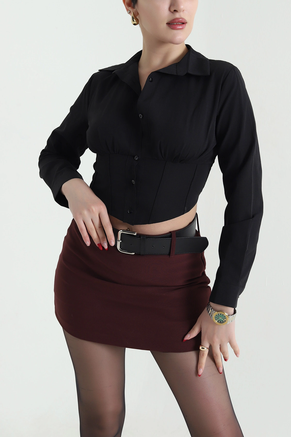 Siyah Poplin Kadın Korse Gömlek 441654