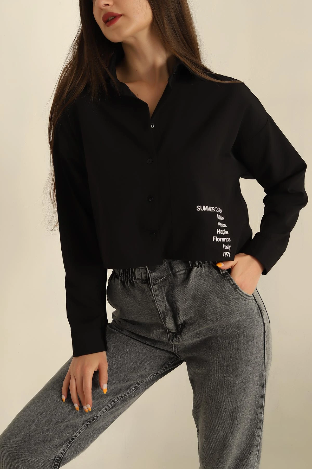 , Siyah Poplin Kumaş Crop Bayan Gömlek 264508