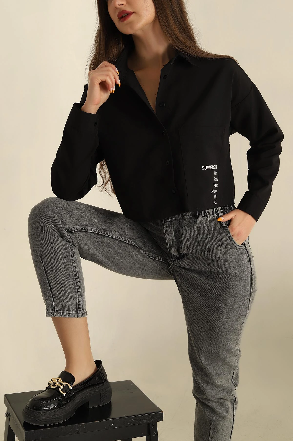 , Siyah Poplin Kumaş Crop Bayan Gömlek 264508