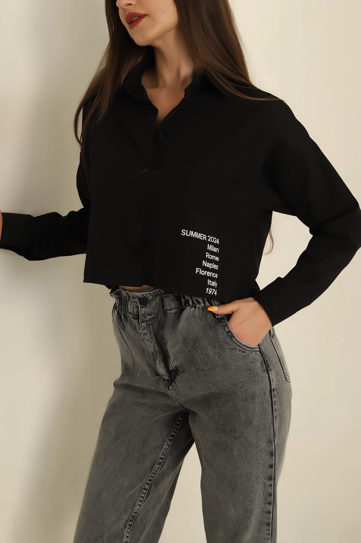 , Siyah Poplin Kumaş Crop Bayan Gömlek 264508