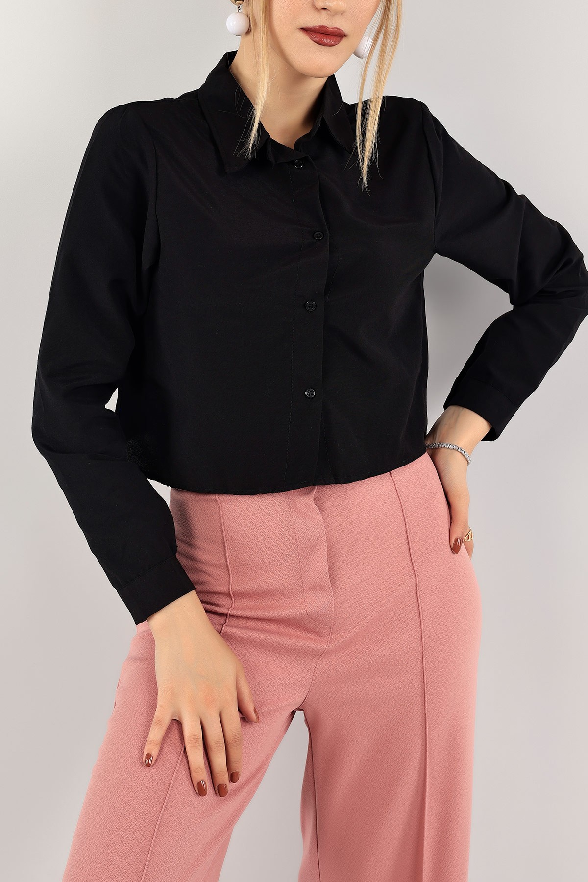 Siyah Poplin Kumaş Crop Gömlek 118860