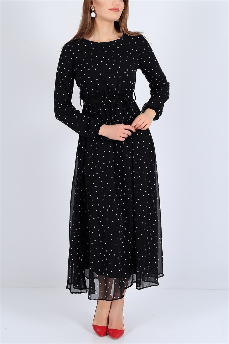 Siyah Puantiye Desenli Siyah Şifon Elbise 26031B