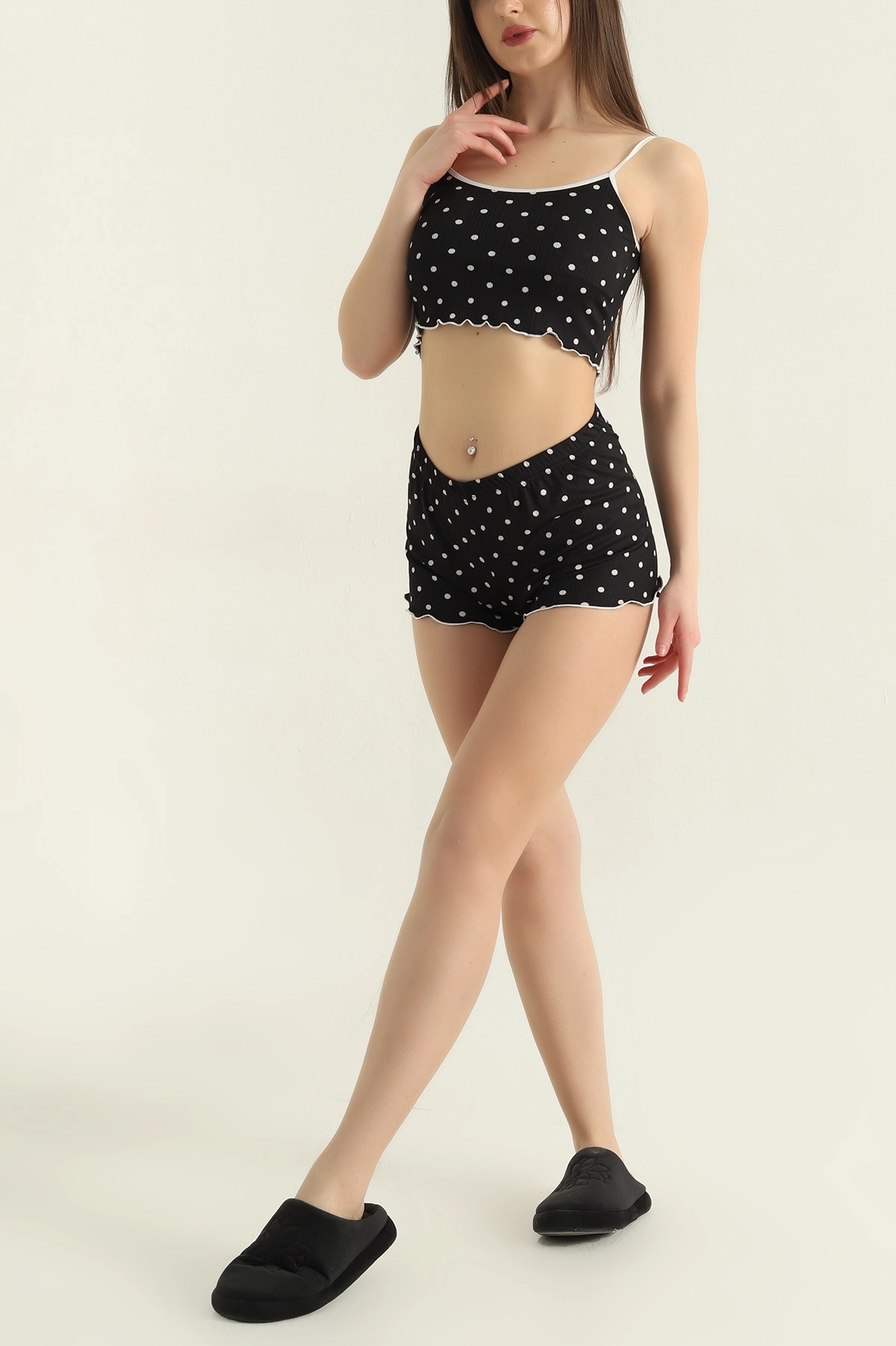 Siyah Puantiyeli Kadın Şortlu Pijama Takımı 466426