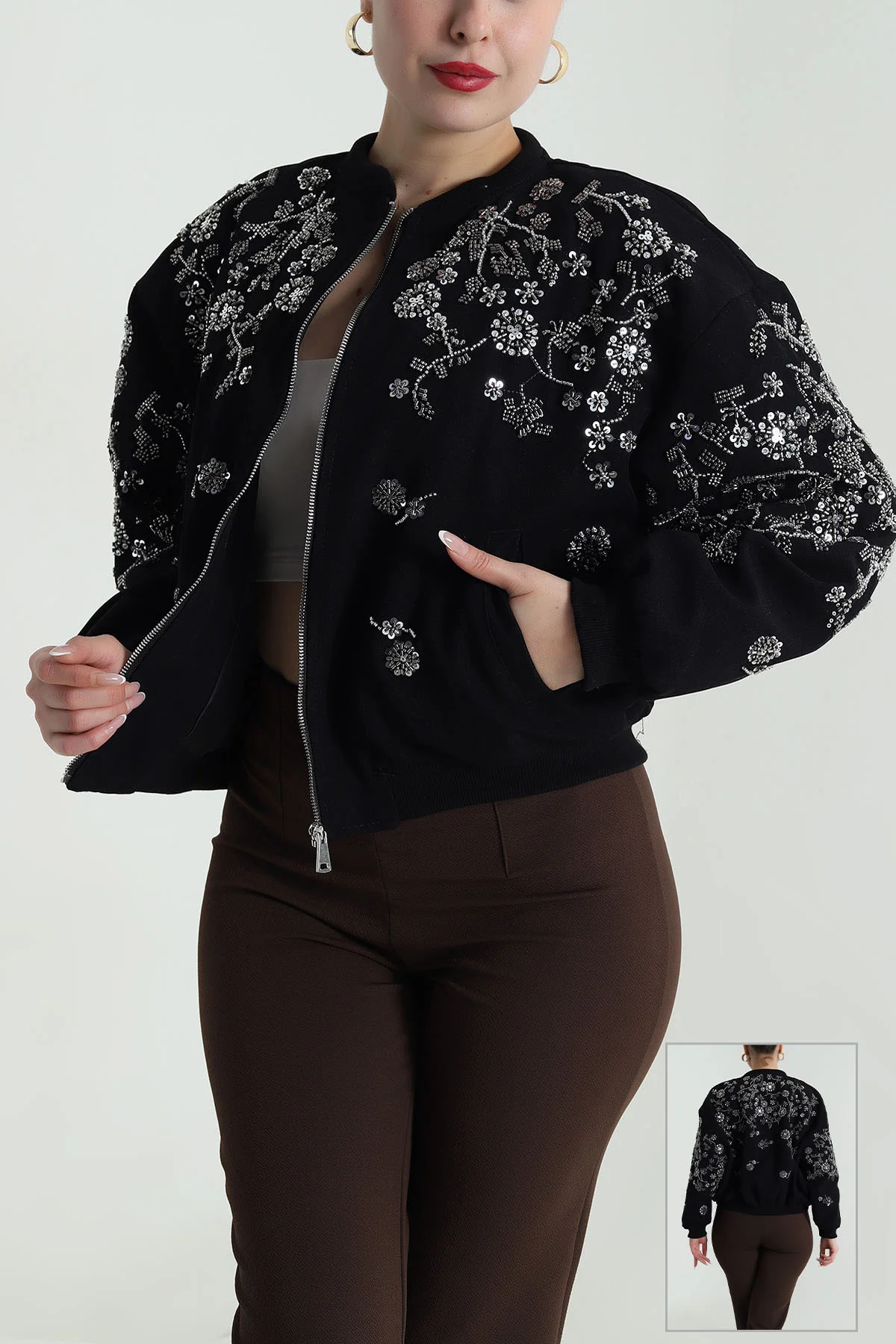 Siyah Pul Nakış Detay Işık Kadife Kadın Bomber 491564