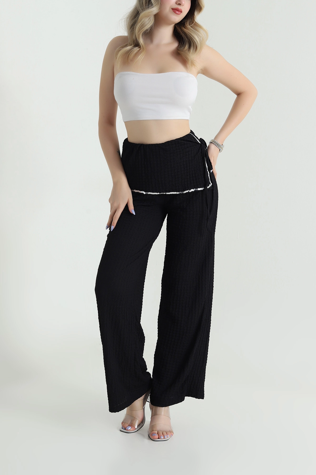 Siyah Pul Nakışlı Gofre Kadın Pantolon 472988