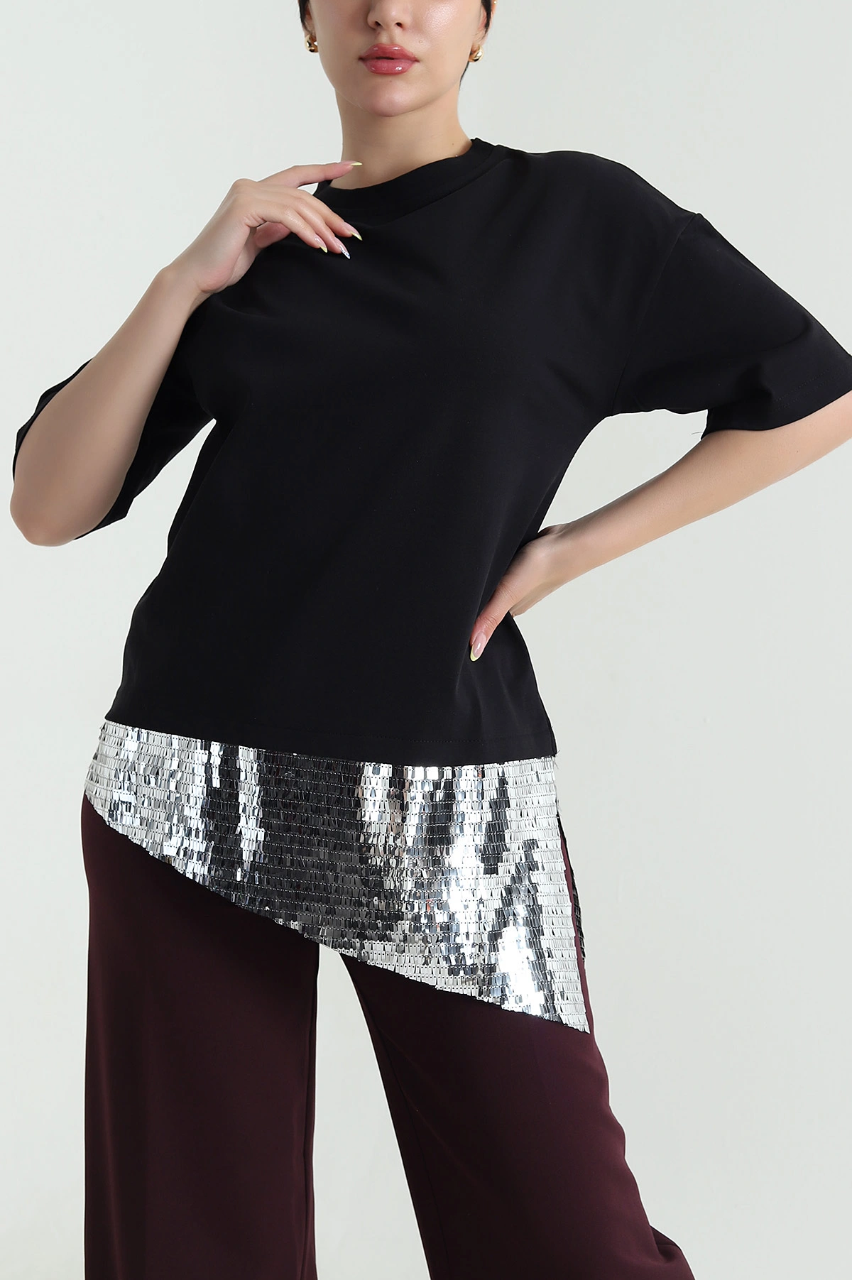 Siyah Pul Payet Detay İnterlok Kadın Bluz 469280