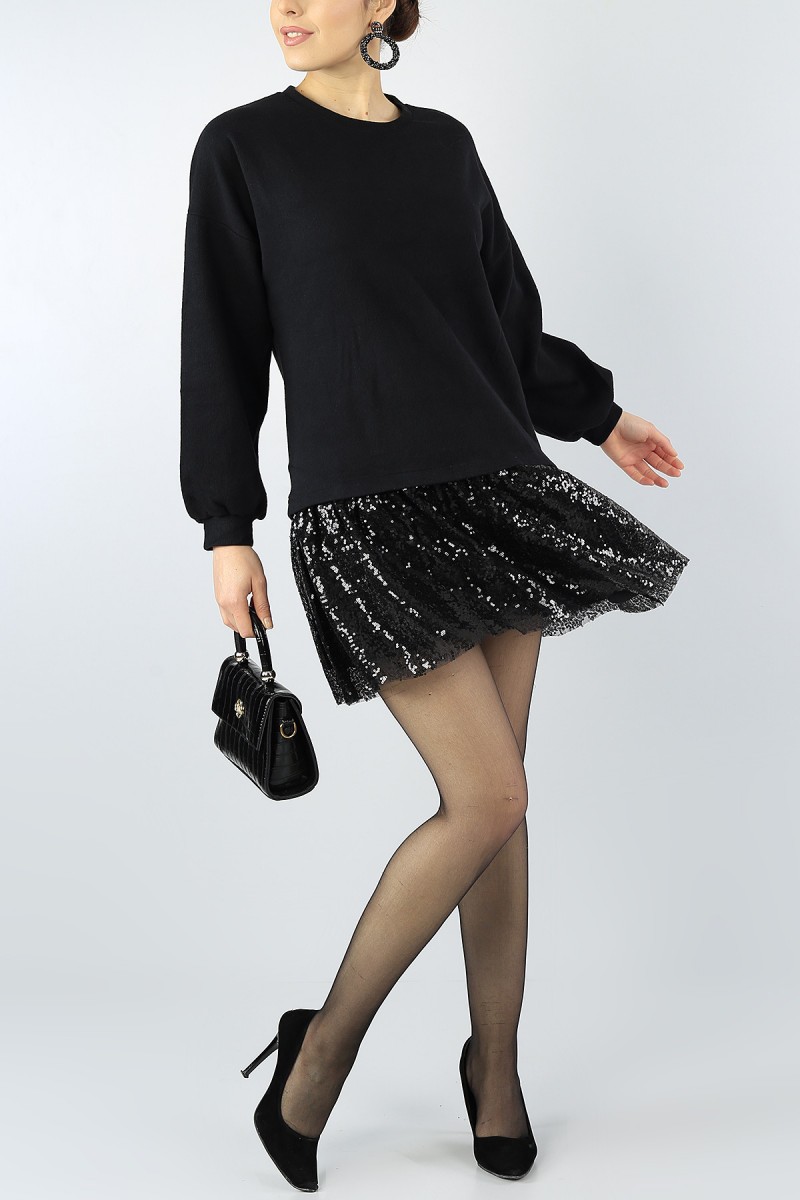 Siyah Pul Tasarımlı Garnili Bayan Selanik Triko Elbise 54214