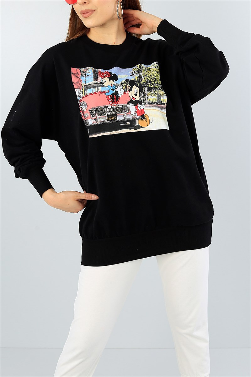 Siyah Pul ve Taş İşlemeli Bayan Sweat 46547