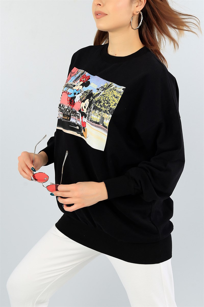 Siyah Pul ve Taş İşlemeli Bayan Sweat 46547