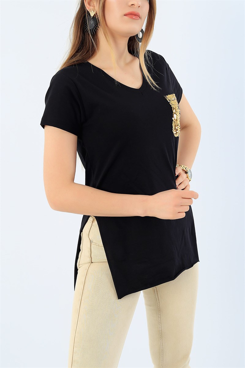 Siyah Pullu Cep Yırtmaçlı Tişört 33920
