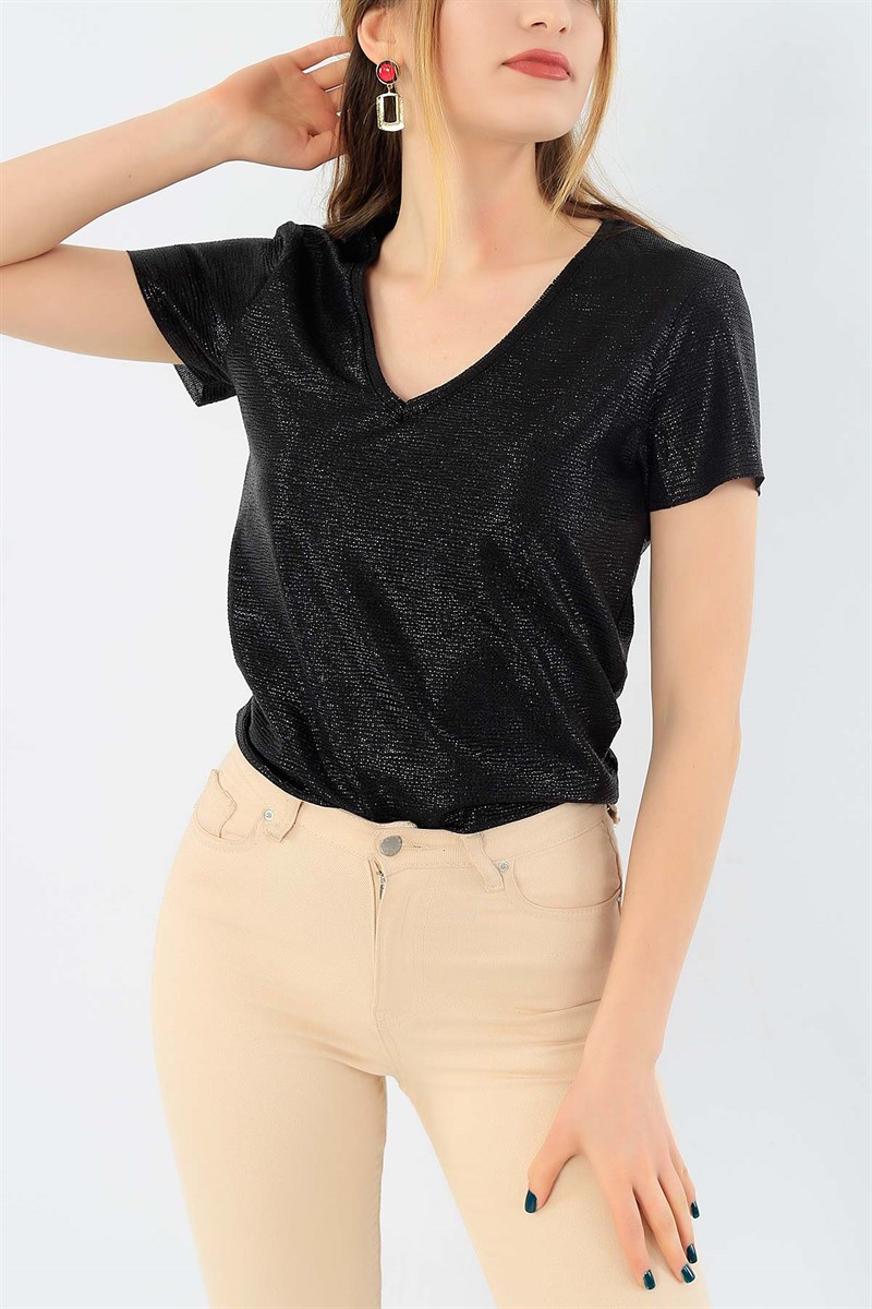 Siyah Pullu Likralı Bluz 29859B