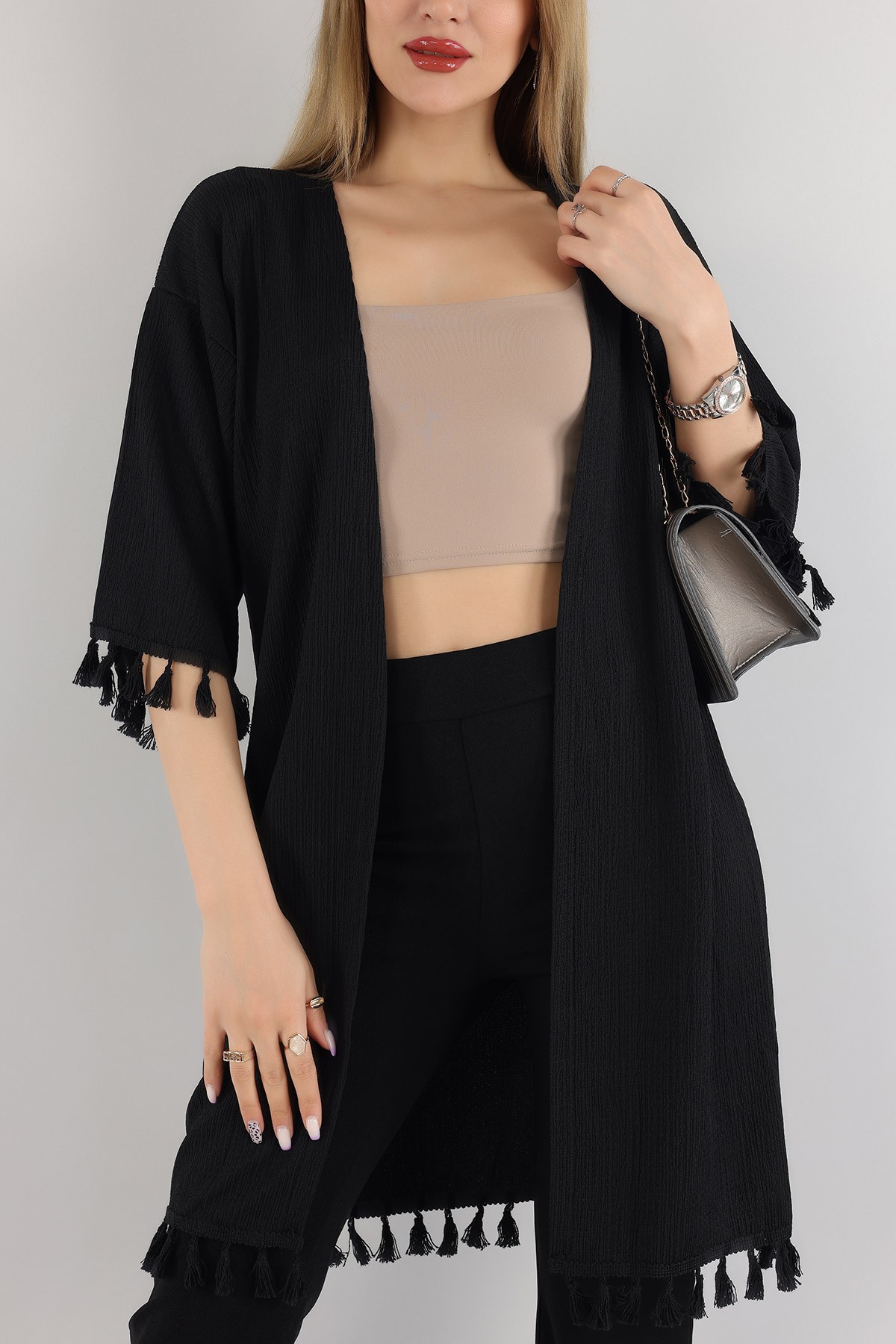 Siyah Püskül Detay Seul Kimono Hırka 168589