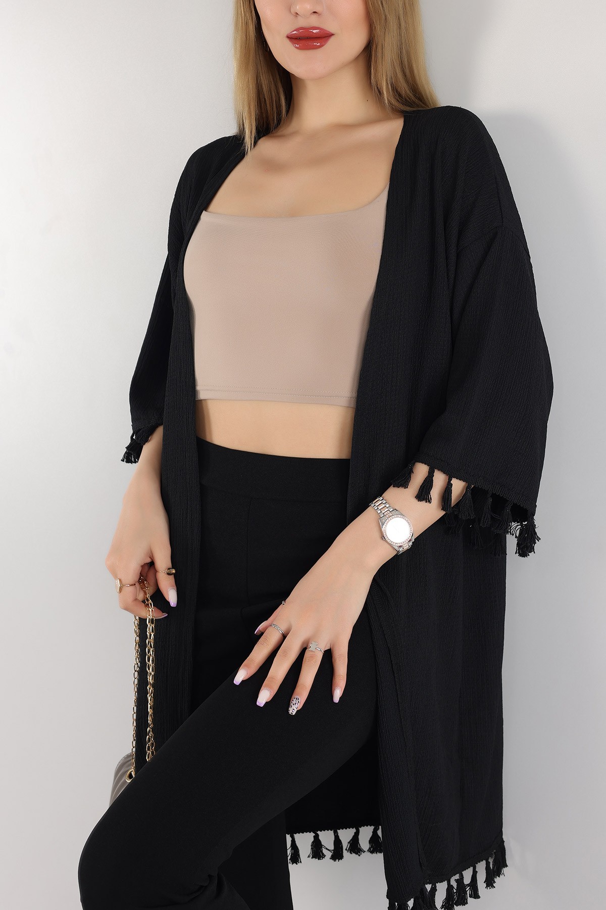 Siyah Püskül Detay Seul Kimono Hırka 168589