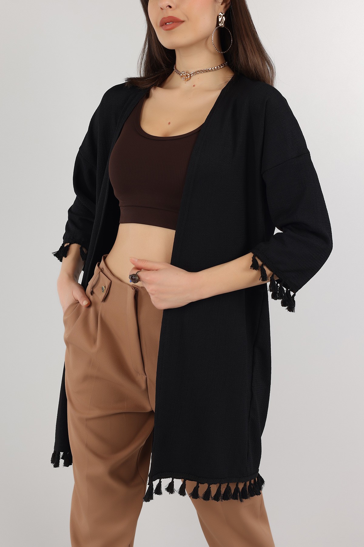 Siyah Püskül Tasarım Krinkıl Kimono Hırka 150530
