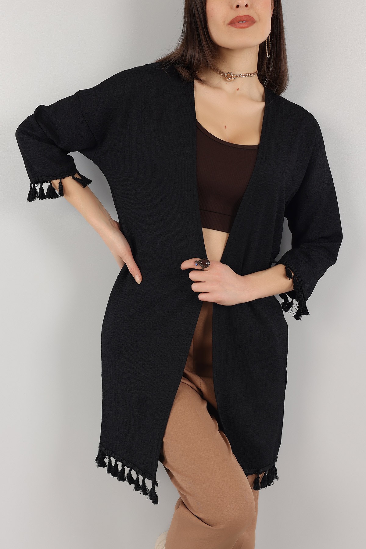 Siyah Püskül Tasarım Krinkıl Kimono Hırka 150530