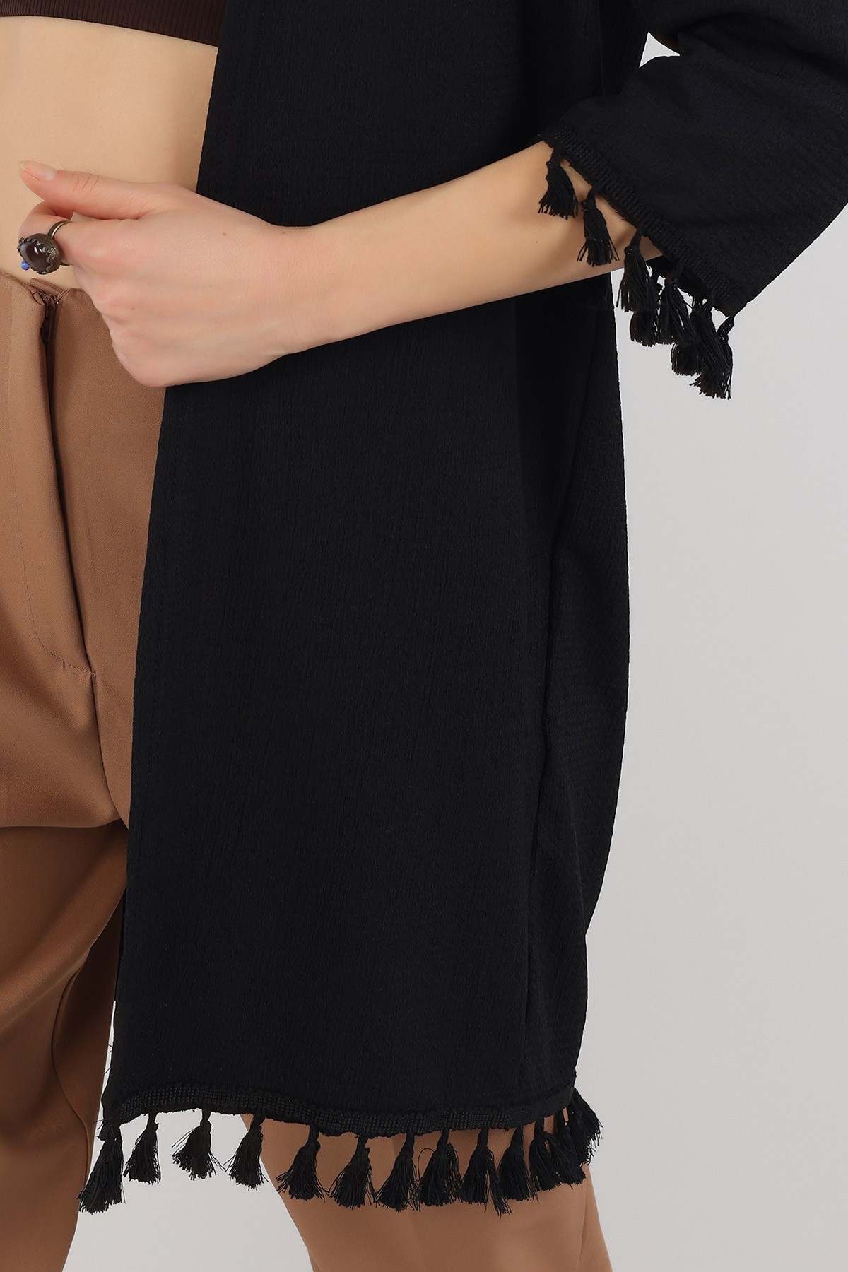 Siyah Püskül Tasarım Krinkıl Kimono Hırka 150530