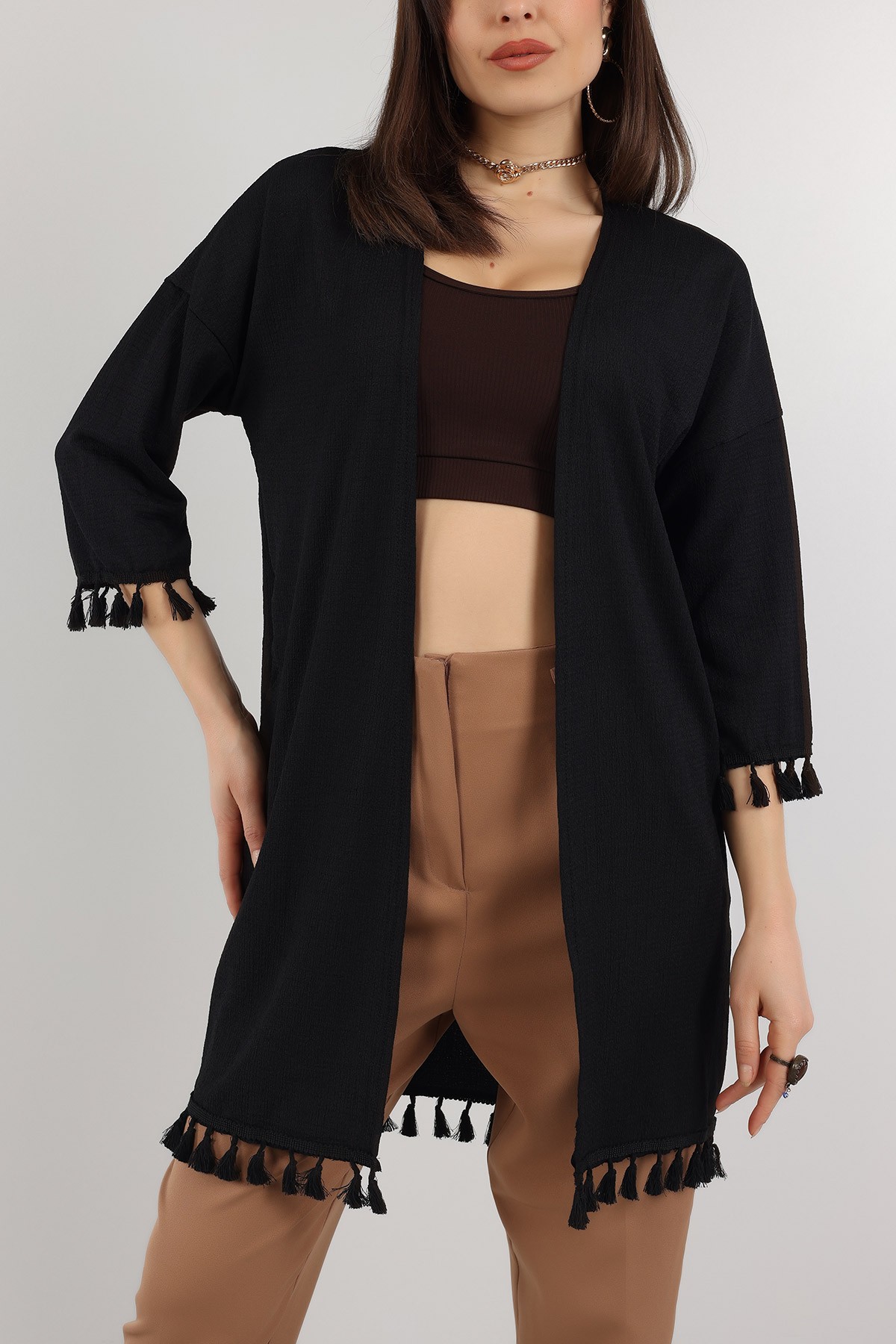 Siyah Püskül Tasarım Krinkıl Kimono Hırka 150530