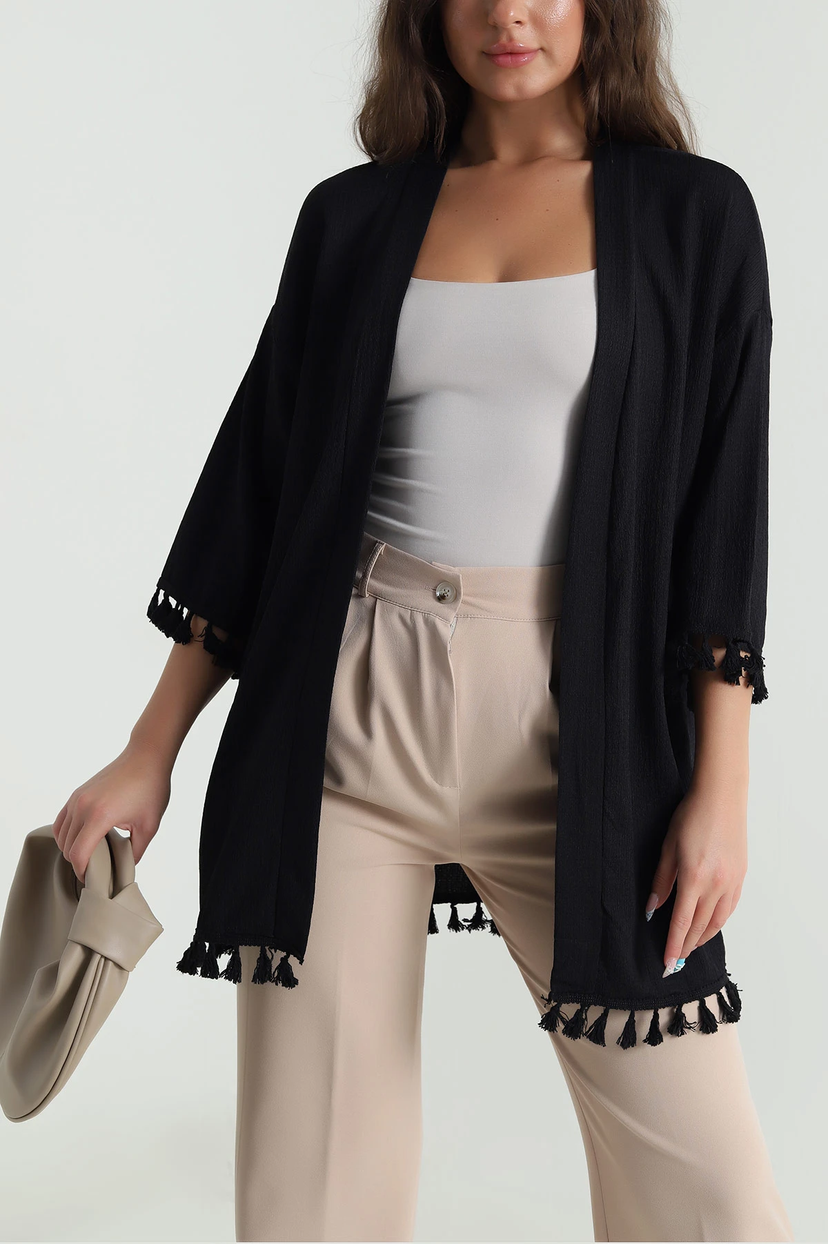 Siyah Püsküllü Bürümcük Kadın Kimono 481630
