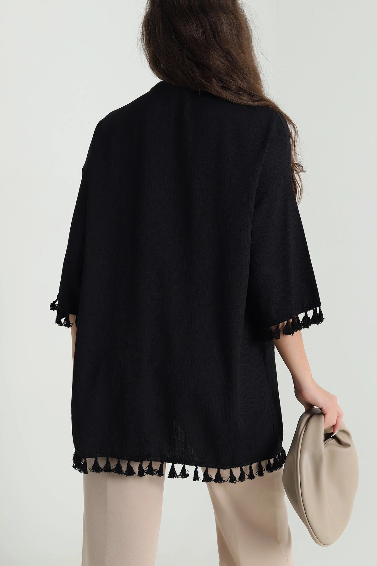 Siyah Püsküllü Bürümcük Kadın Kimono 481630