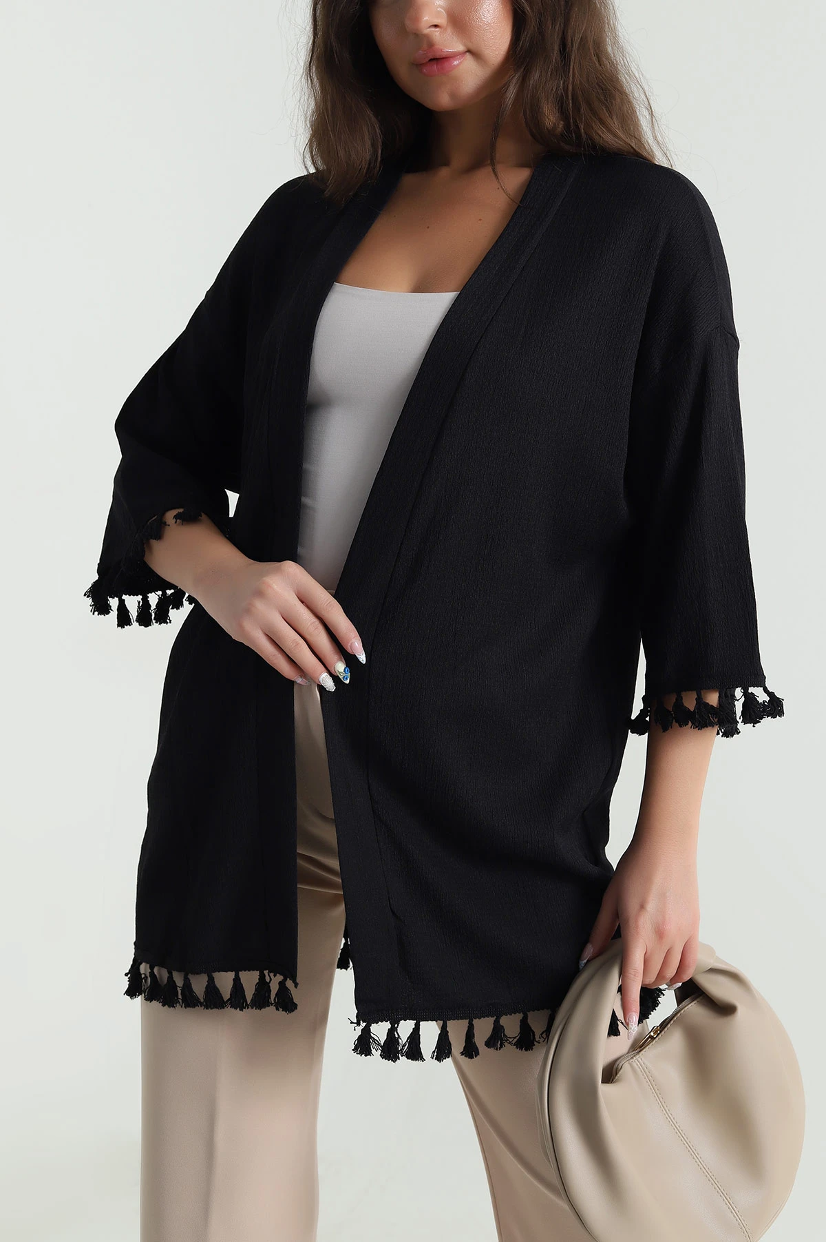 Siyah Püsküllü Bürümcük Kadın Kimono 481630