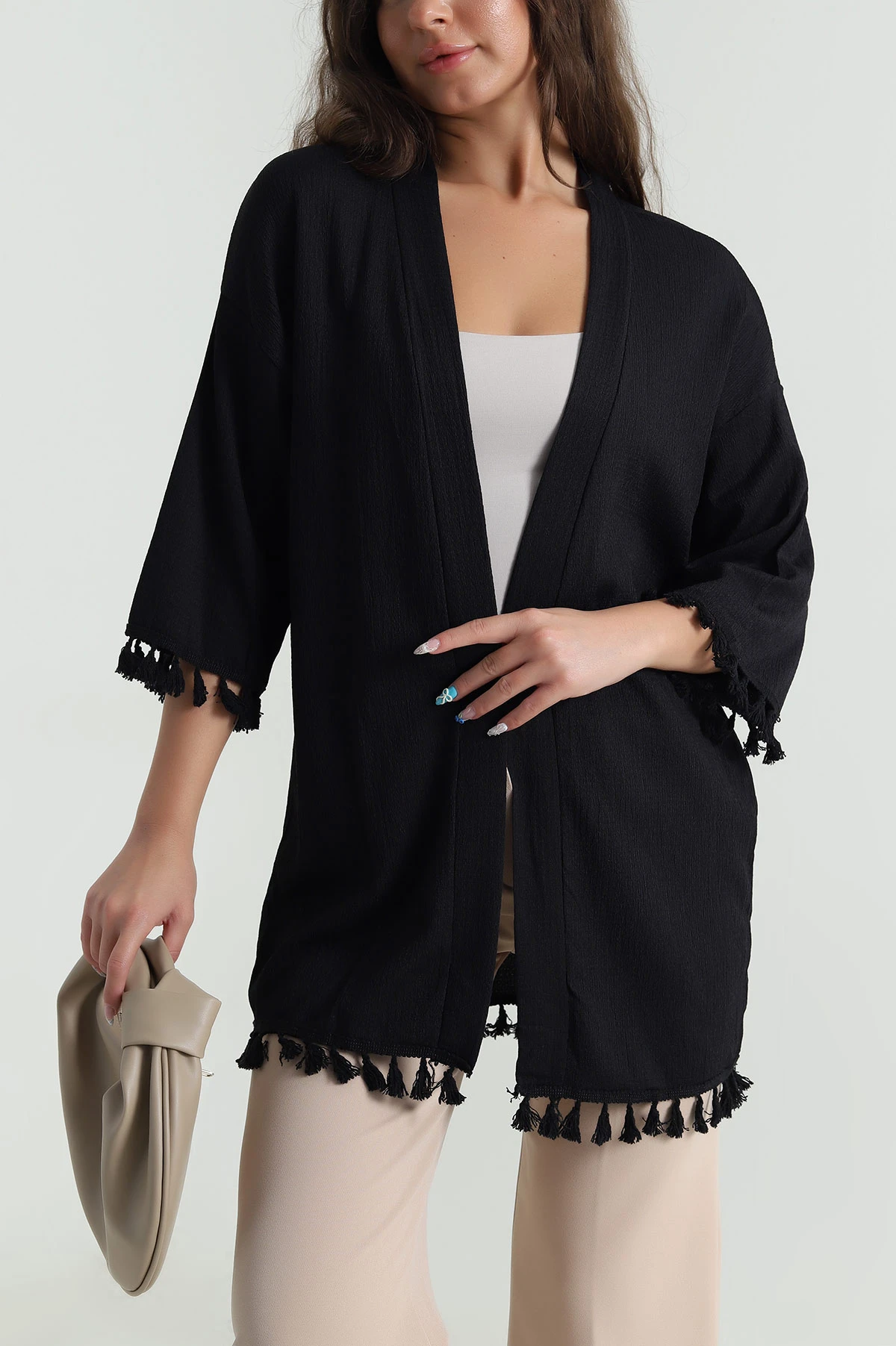 Siyah Püsküllü Bürümcük Kadın Kimono 481630