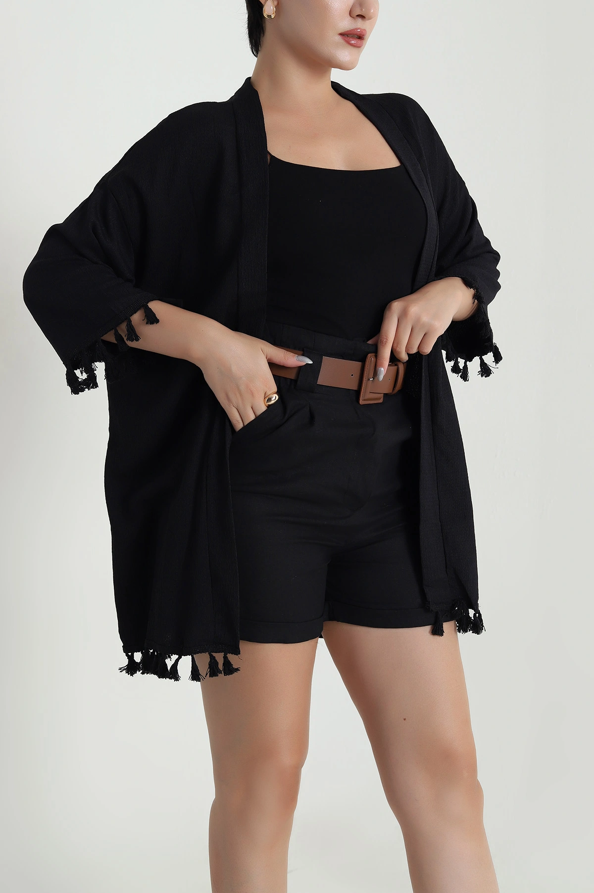 Siyah Püsküllü Bürümcük Kadın Kimono 481649
