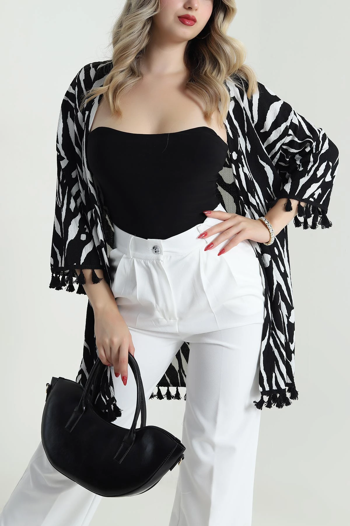 Siyah Püsküllü Bürümcük Kadın Kimono 481656