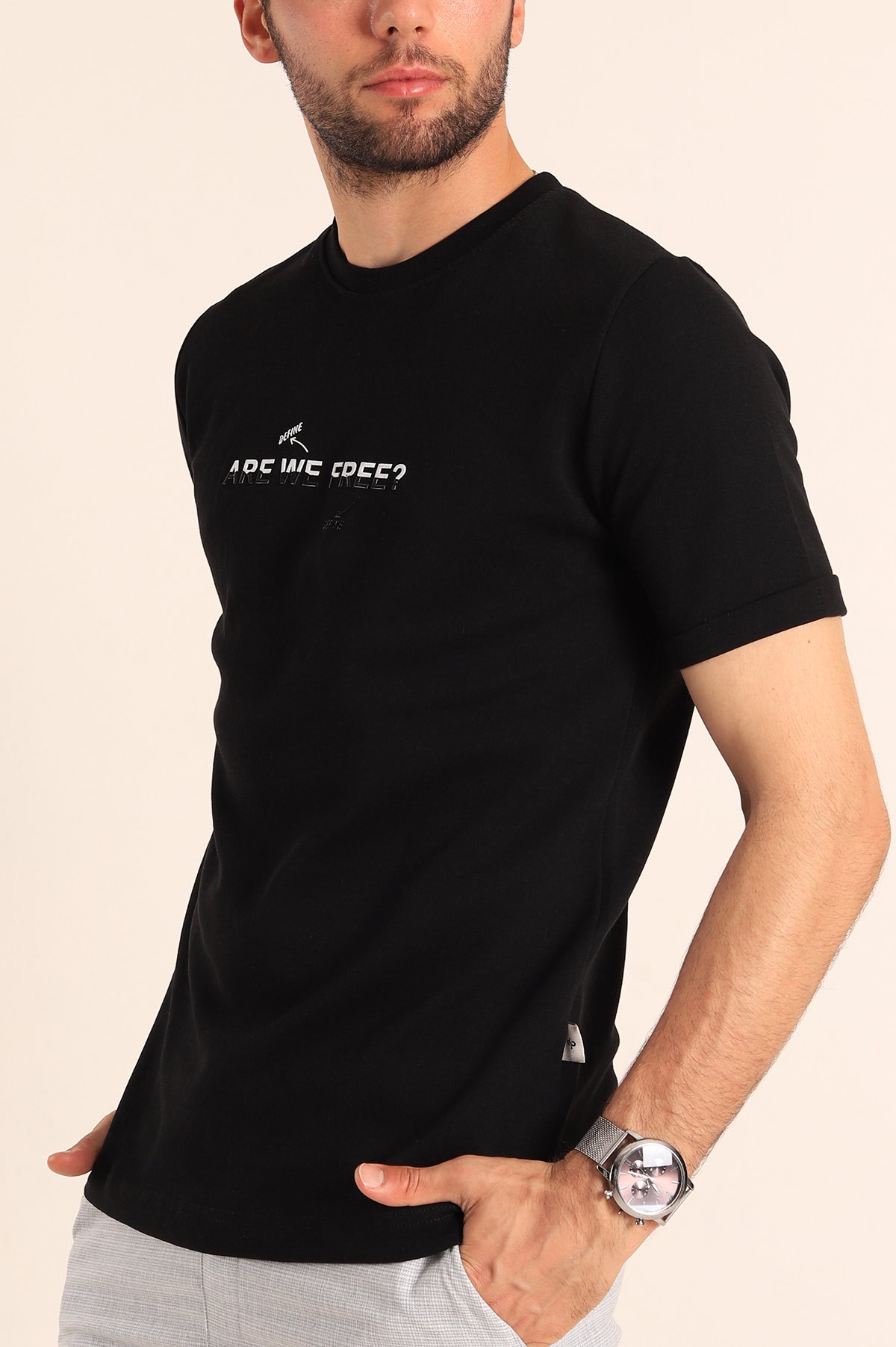 Siyah Regular Fit Are We Free Kabartmalı Erkek Tişört 187549