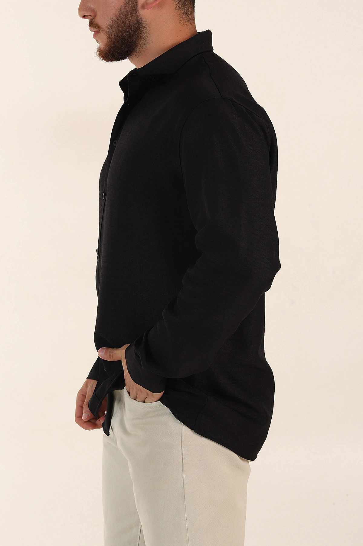Siyah Regular Fit Ata Yaka Uzun Kollu Erkek Gömlek 369868