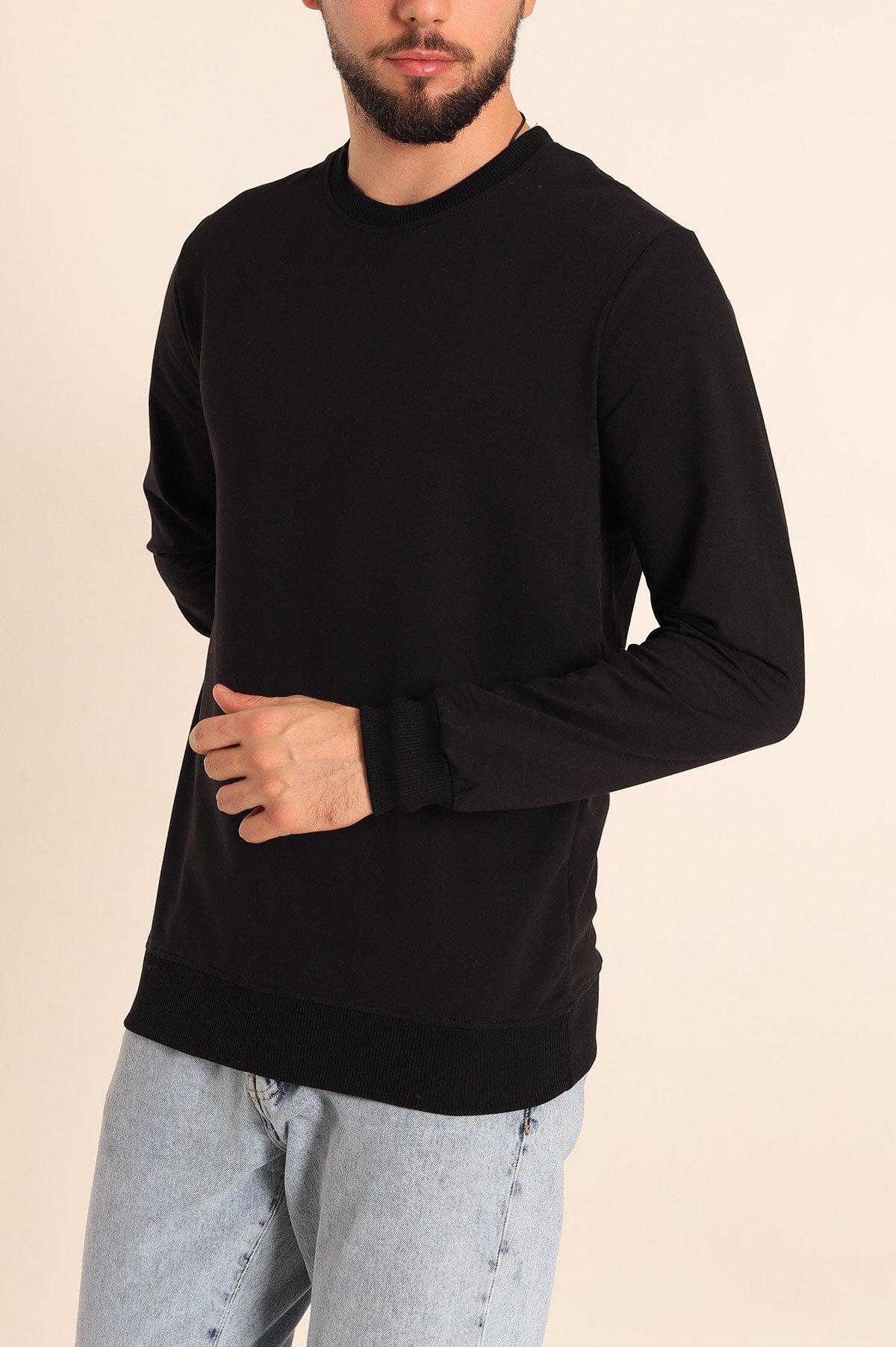 Siyah Regular Fit Basic Bisiklet Yaka Erkek Sweatshirt 217614