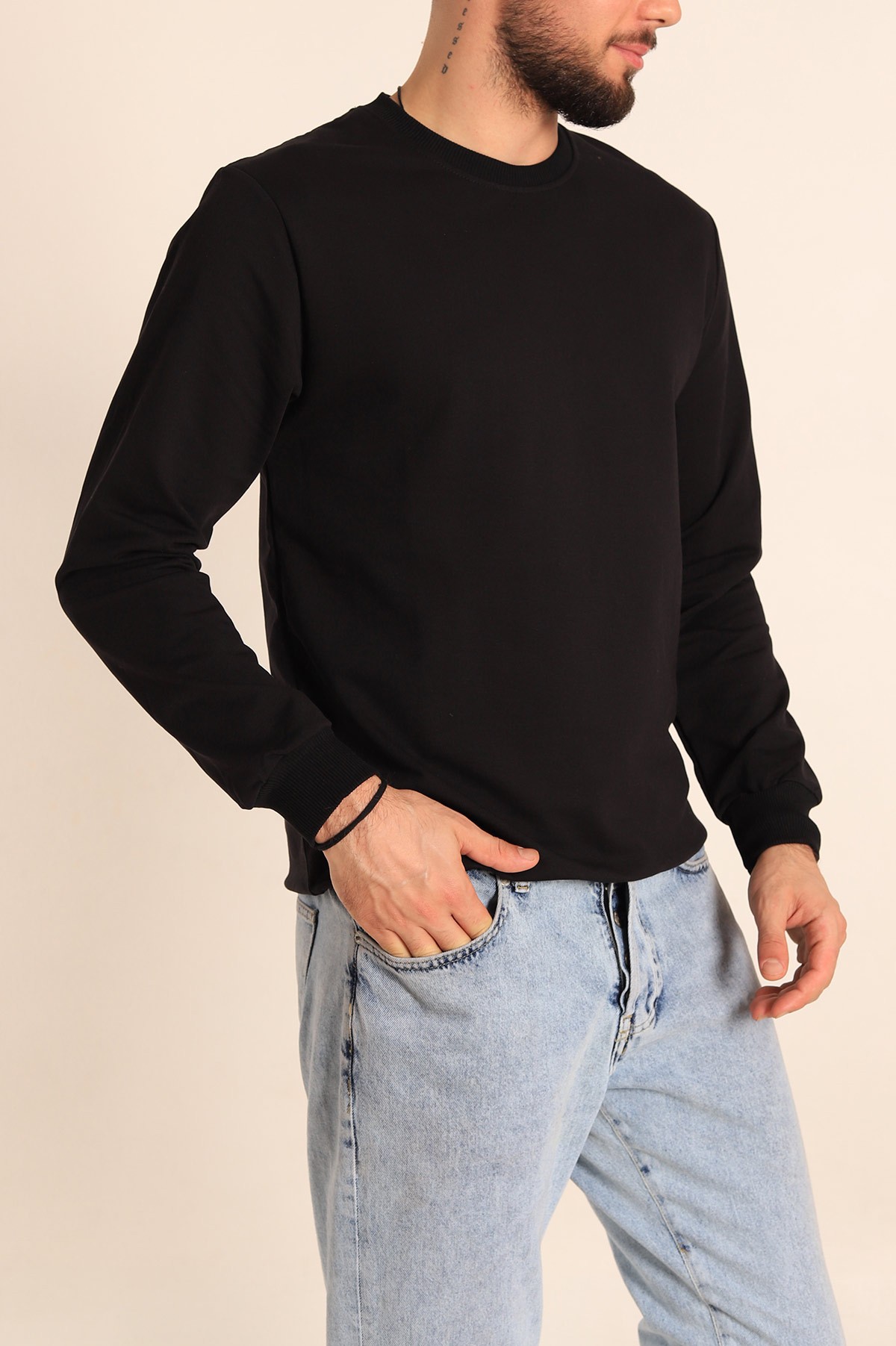 Siyah Regular Fit Basic Bisiklet Yaka Erkek Sweatshirt 217614