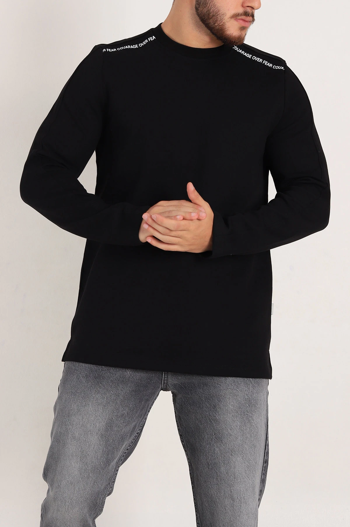 Siyah Regular Fit Baskı Detay Erkek Basic Sweatshirt 305712
