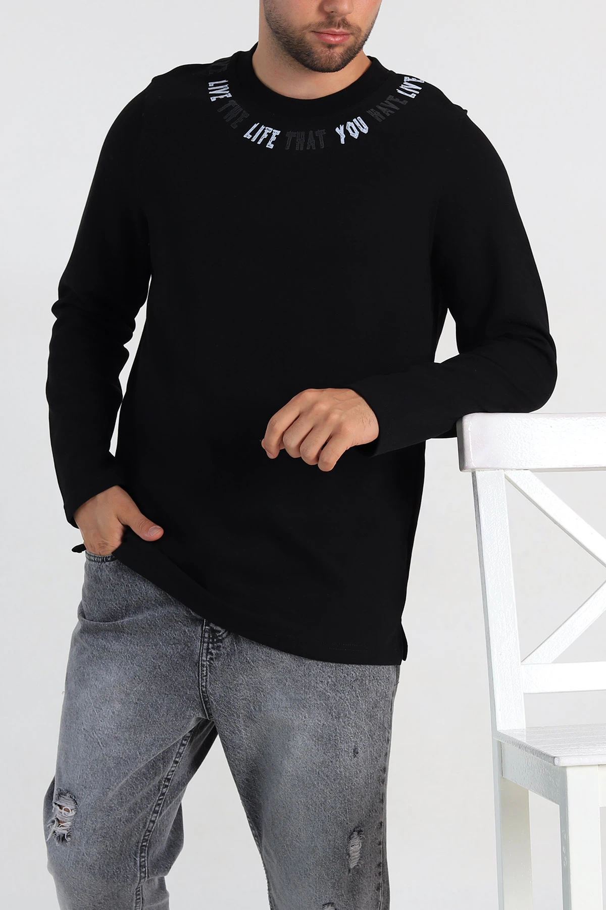Siyah Regular Fit Baskı Detaylı Erkek Sweatshirt 305840
