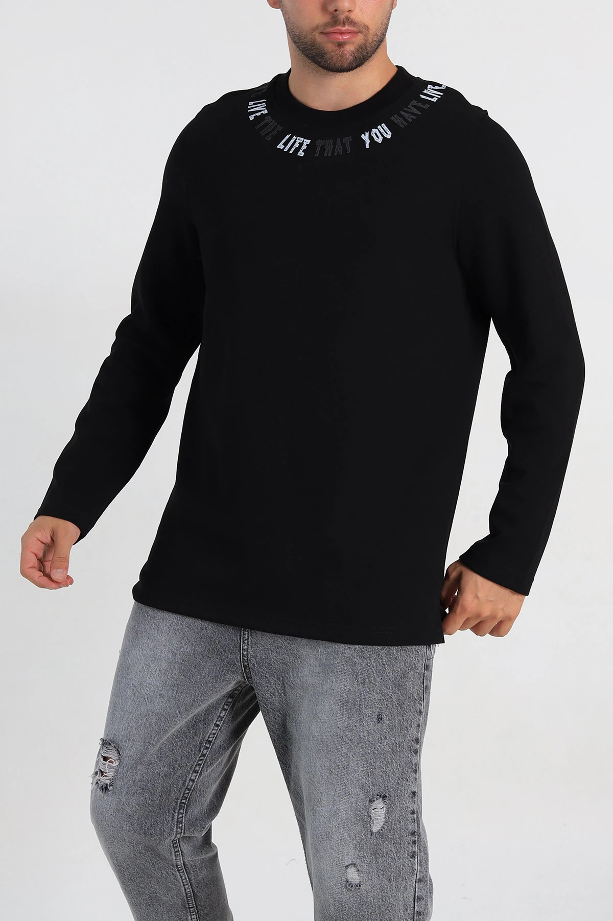 Siyah Regular Fit Baskı Detaylı Erkek Sweatshirt 305840