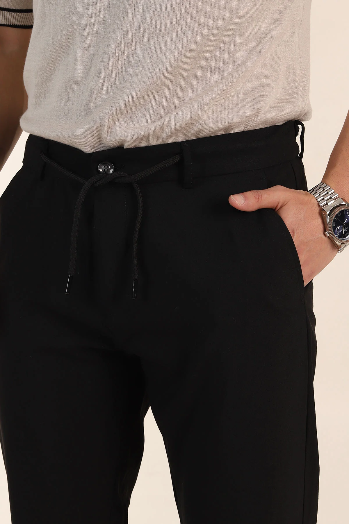 Siyah Regular Fit Bel Arkası Lastikli Duble Paça  Erkek Kumaş Pantolon 366301