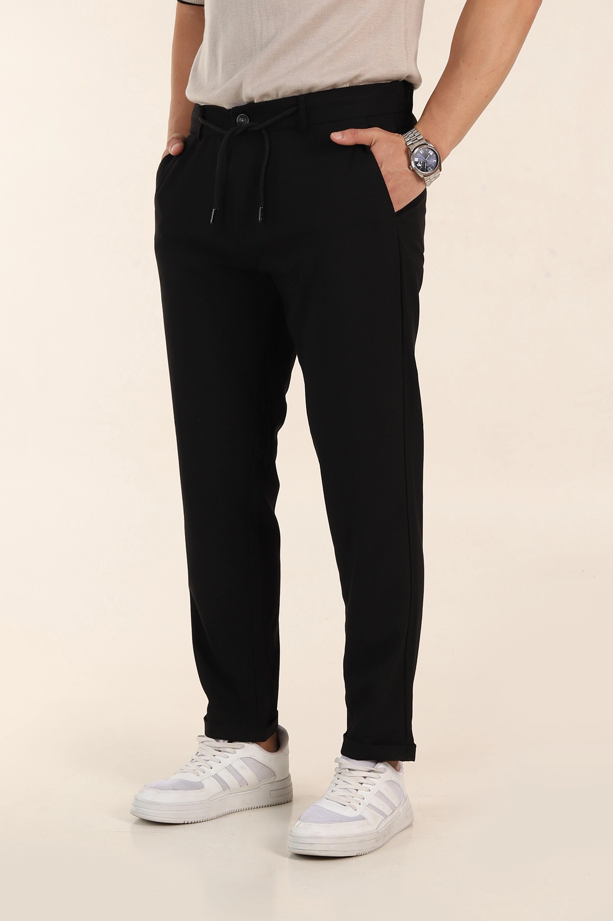 Siyah Regular Fit Bel Arkası Lastikli Duble Paça  Erkek Kumaş Pantolon 366301