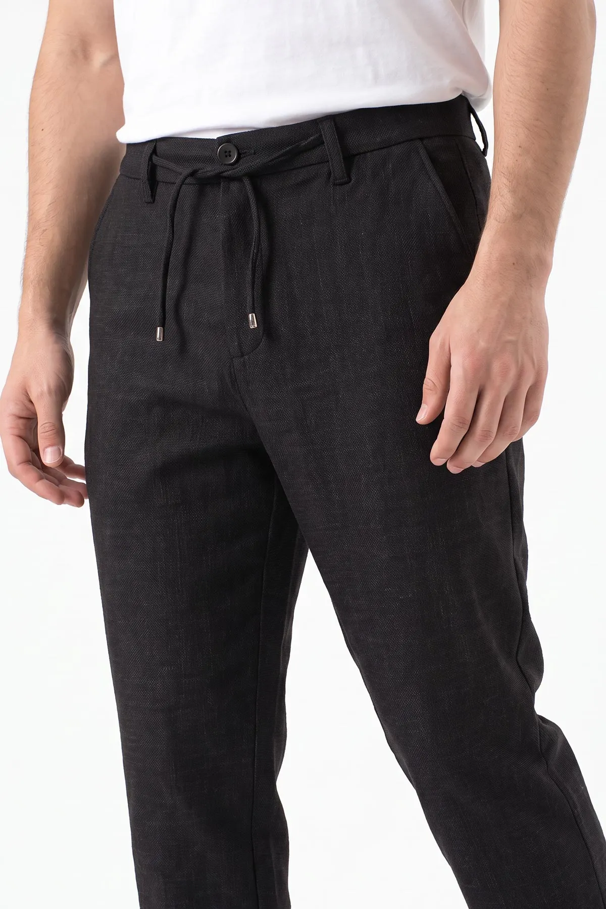 Siyah Regular Fit Belden Bağlamalı Erkek Pantolon 493175