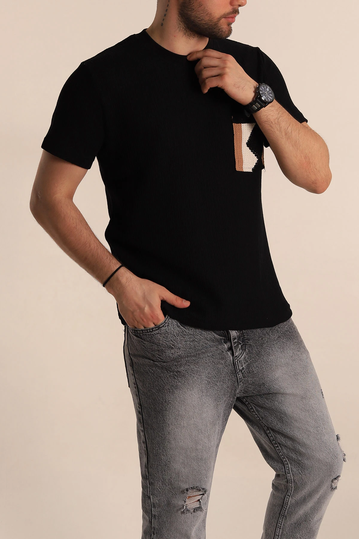Siyah Regular Fit Cep Detaylı Triko Örme Erkek Tişört 268380