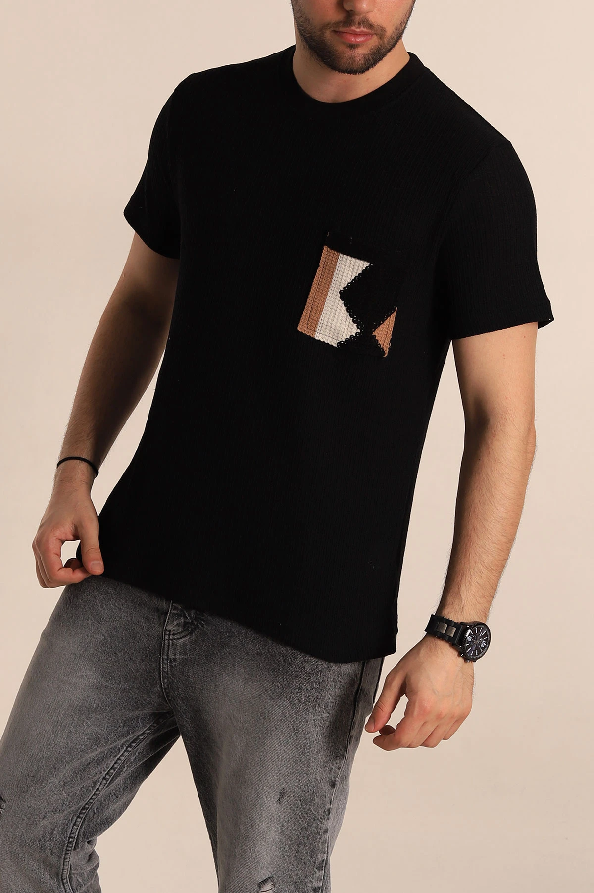 Siyah Regular Fit Cep Detaylı Triko Örme Erkek Tişört 268380