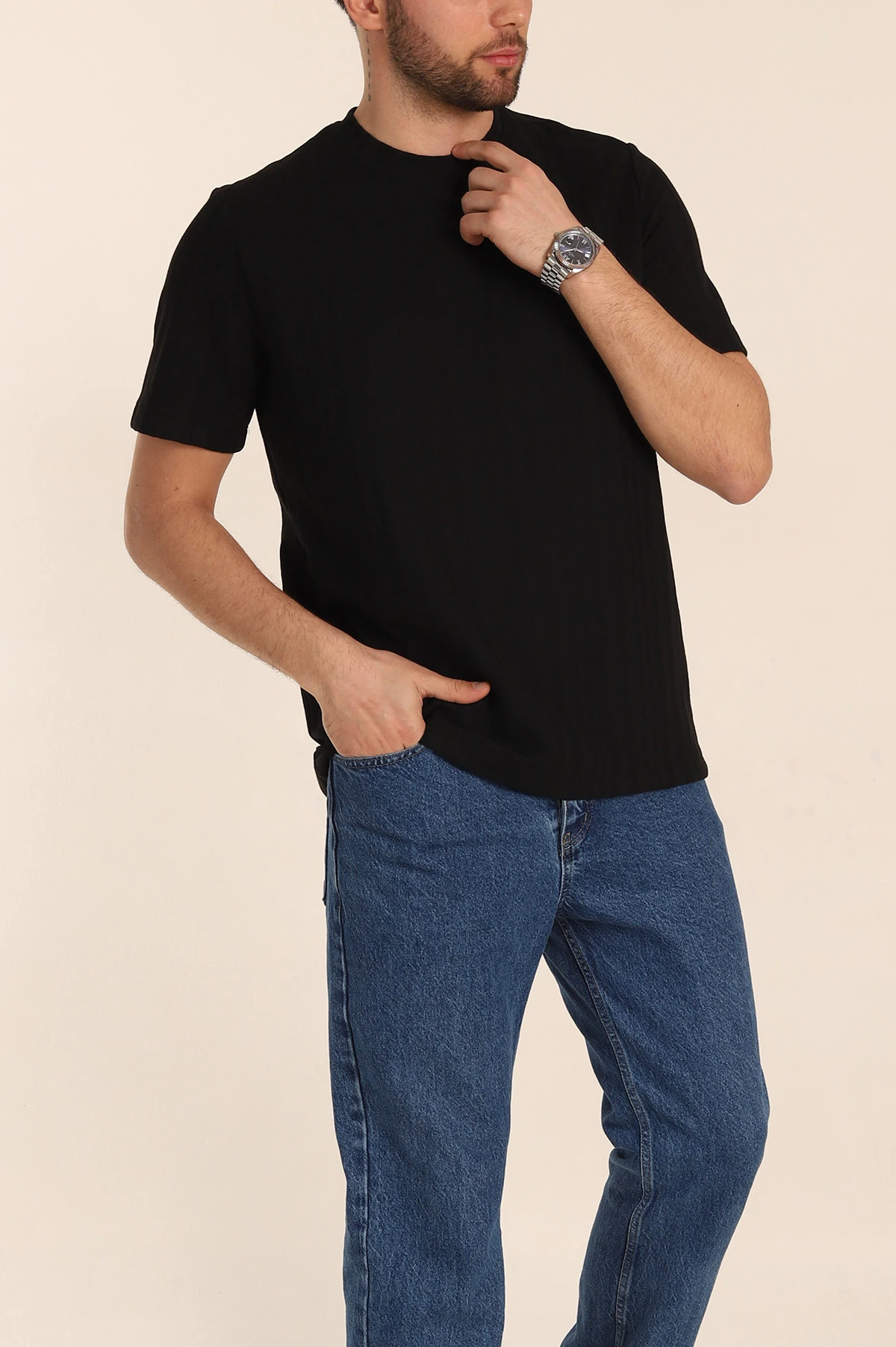 Siyah Regular Fit Çizgi Dokulu Basic Erkek Tişört 348080