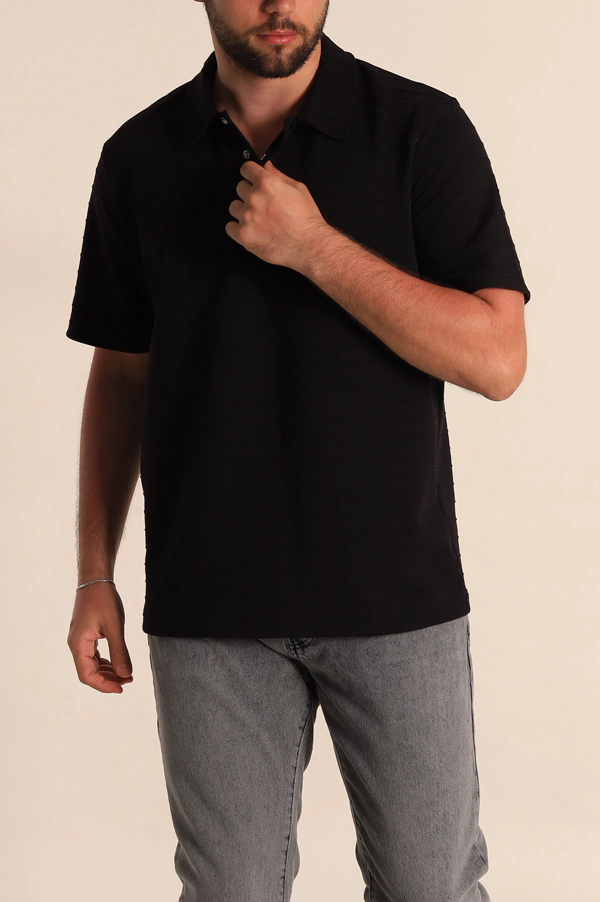 Siyah Regular Fit Çizgi Dokulu Düğmeli Polo Yaka Erkek Tişört 276671