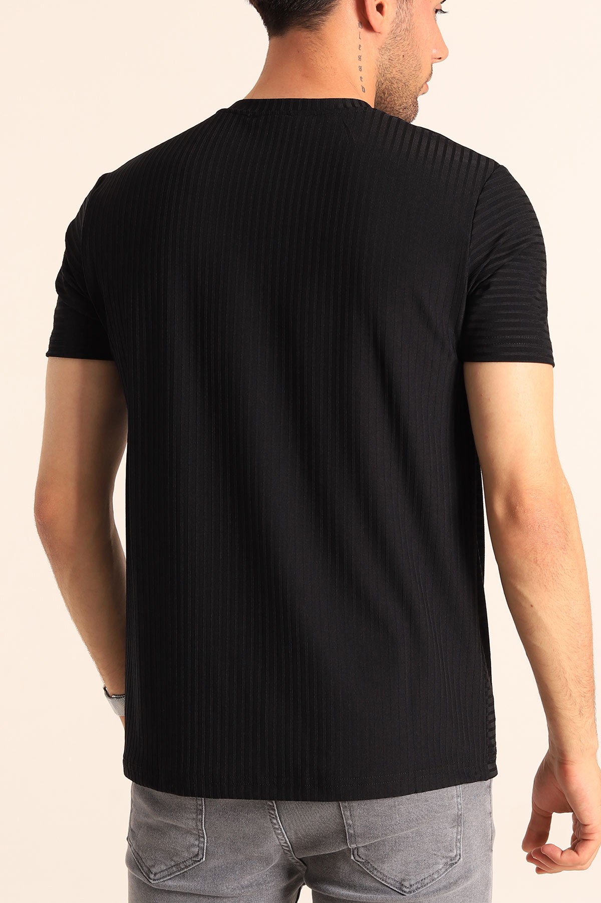 Siyah Regular Fit Çizgi Dokulu Erkek Tişört 182311