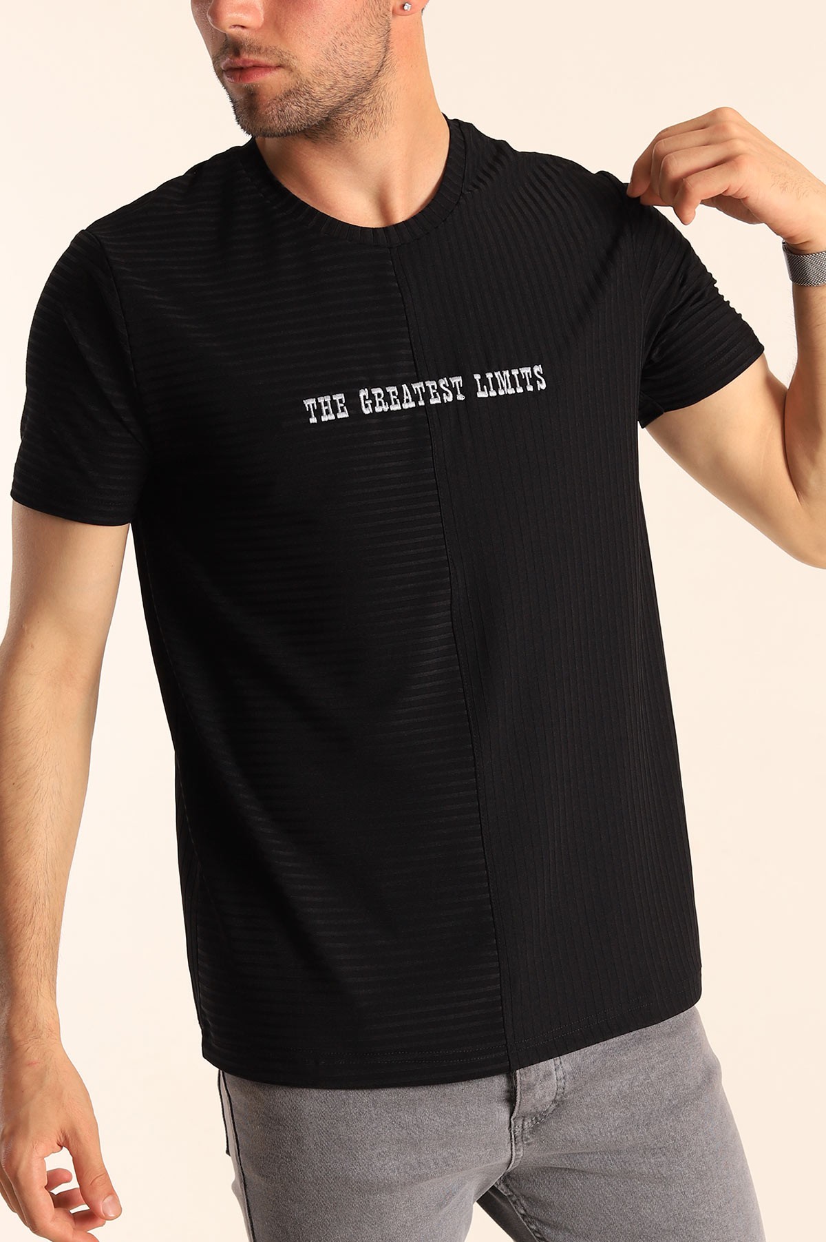 Siyah Regular Fit Çizgi Dokulu Erkek Tişört 182311