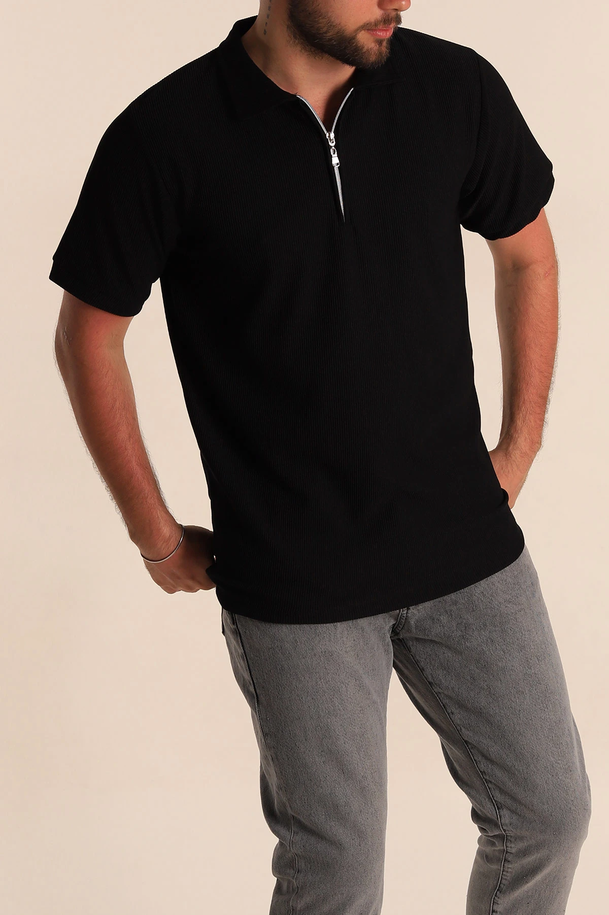 Siyah Regular Fit Çizgi Dokulu Fermuarlı Polo Yaka Erkek Tişört 277165