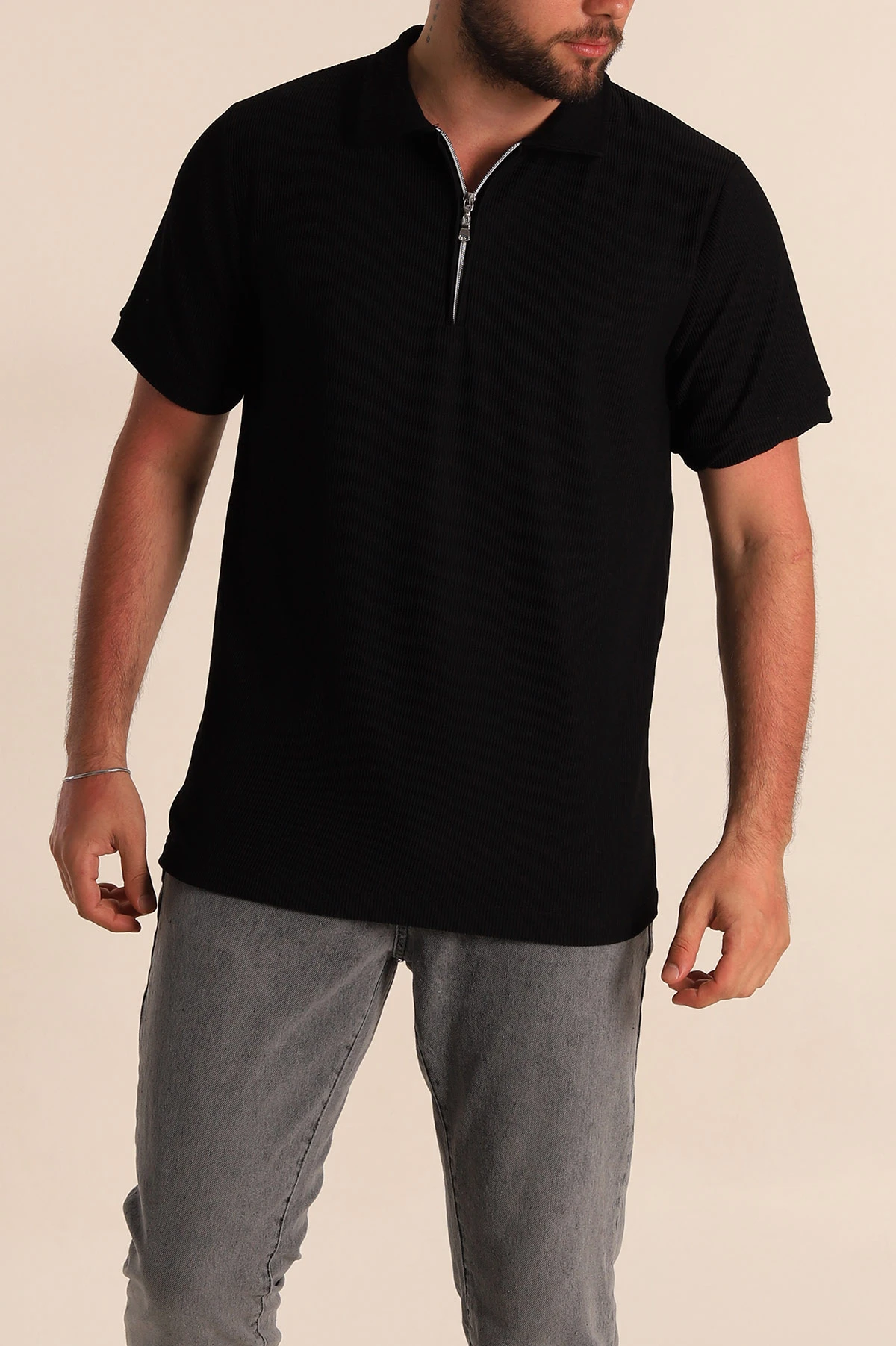 Siyah Regular Fit Çizgi Dokulu Fermuarlı Polo Yaka Erkek Tişört 277165