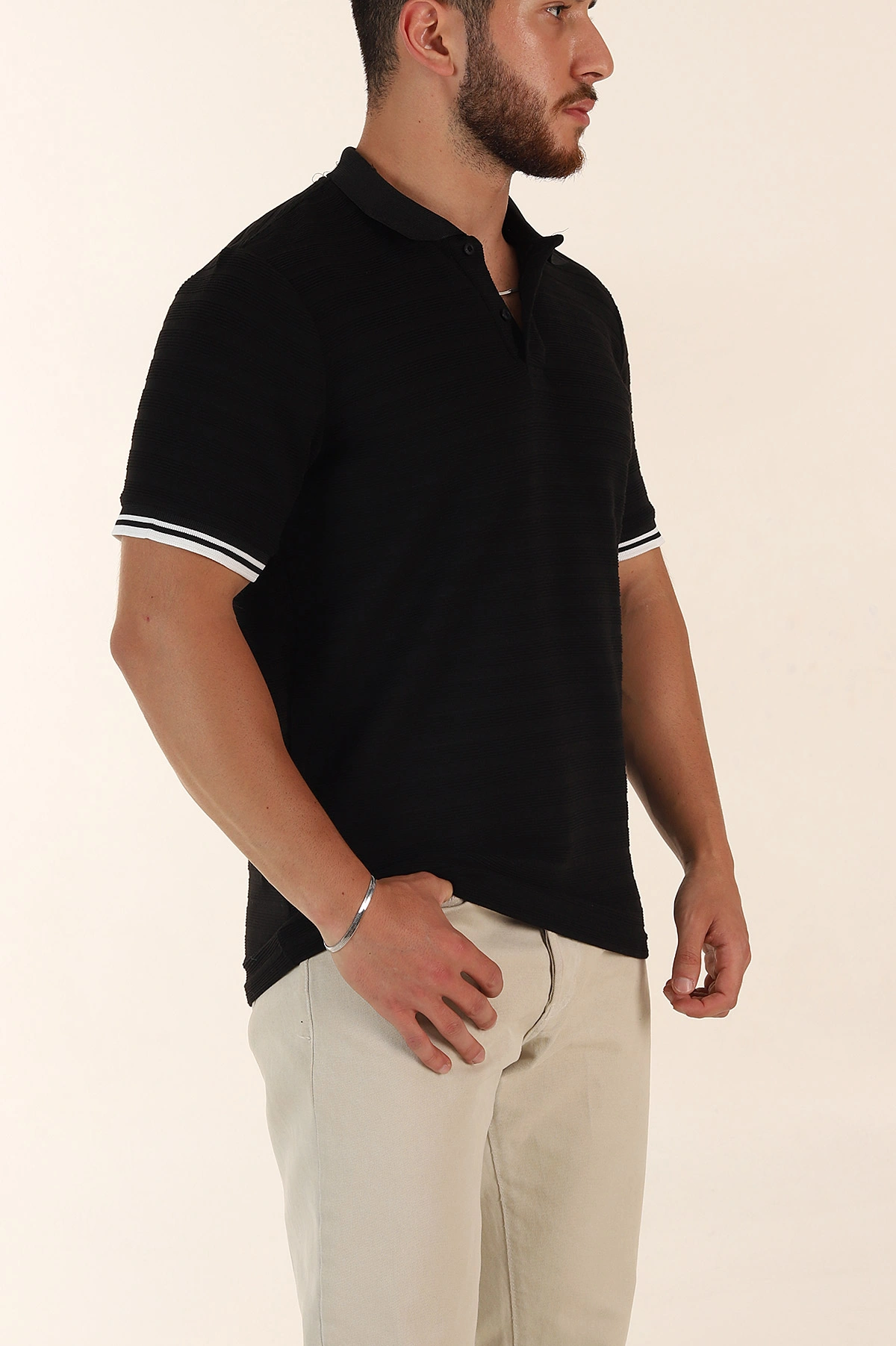 Siyah Regular Fit Çizgi Dokulu Fermuarlı Polo Yaka Erkek Triko Tişört 370063